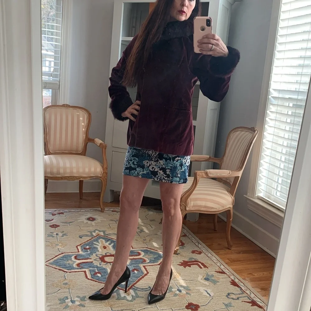 TAHARI Designer Velvet Genuine Fur coat jacket wine red purple M 8 $450 - Picture 7 of 12